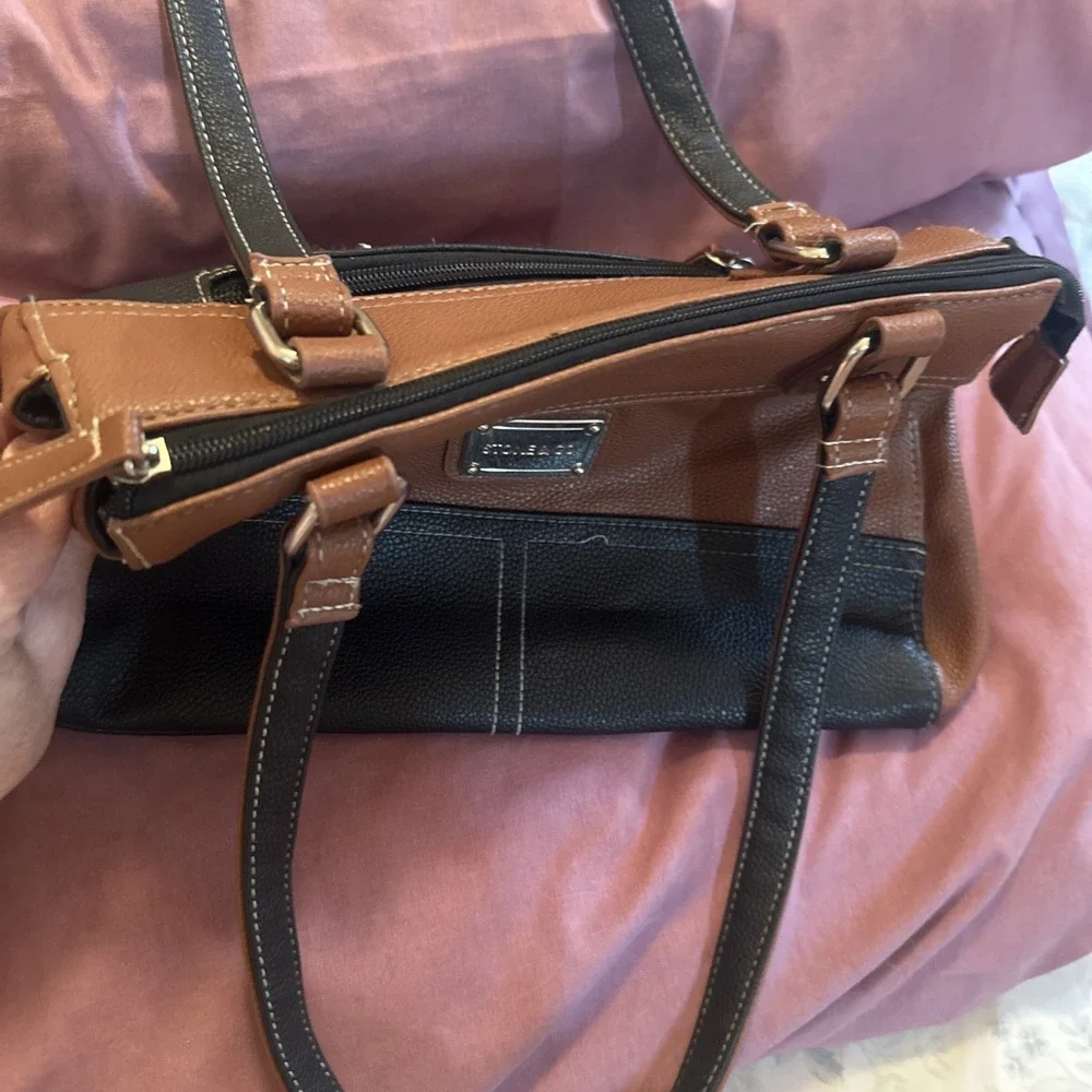 Stone & Co Medium Shoulder Bag Two Tone Brown Black Leather Hobo Purse Everyday